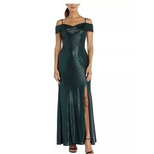 Nightway Cold-Shoulder Foil Gown